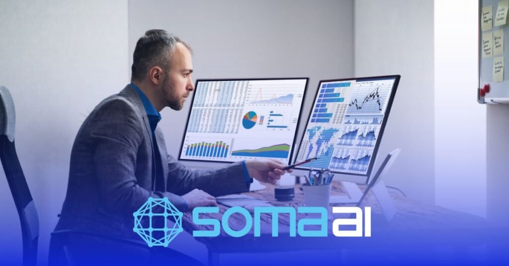 Equipe de profissionais em escritório moderno utilizando inteligência artificial para otimizar eficiência operacional