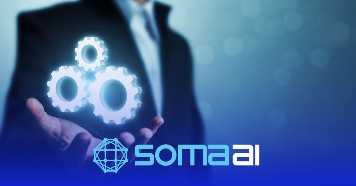 Imagem de engrenagens e robôs colaborando com humanos em automação empresarial