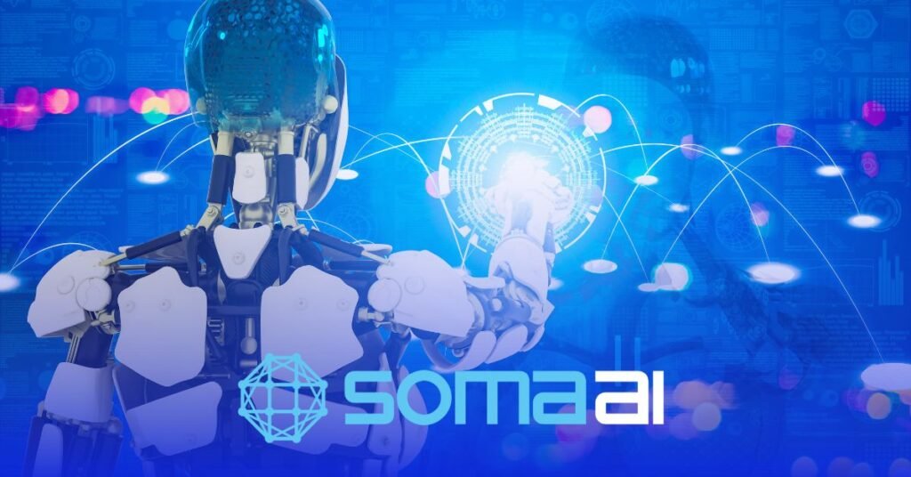 Imagem futurista de robôs interagindo com hologramas, representando tendências de IA para 2024